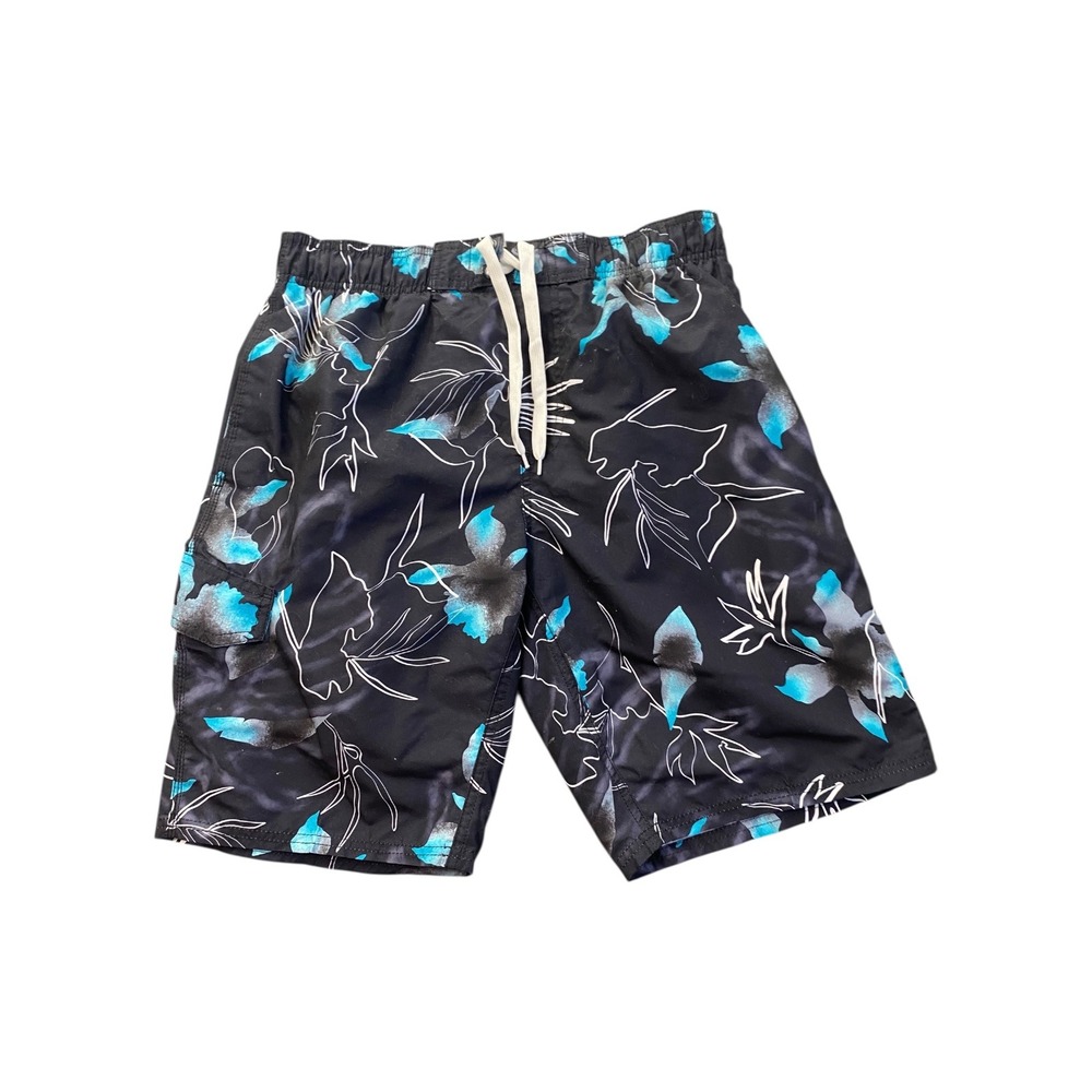 Kanu Men's Black Blue Floral Swim Trunks Shorts M Cargo Pocket Drawstring Waist